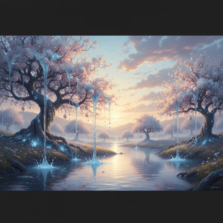 Fantasy trees with water flowing from pink blossoms into a river at sunset.