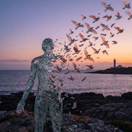 Translucent humanoid figure shattering into a flock of birds against a coastal sunset background.