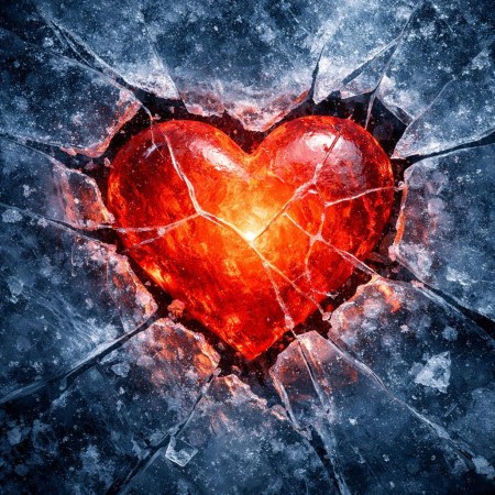 Bright red heart glowing through shattered ice with cracks radiating outward