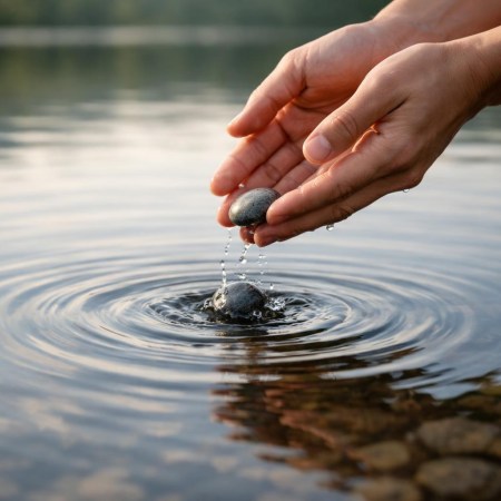 Hands holding smooth stones above calm water with ripples