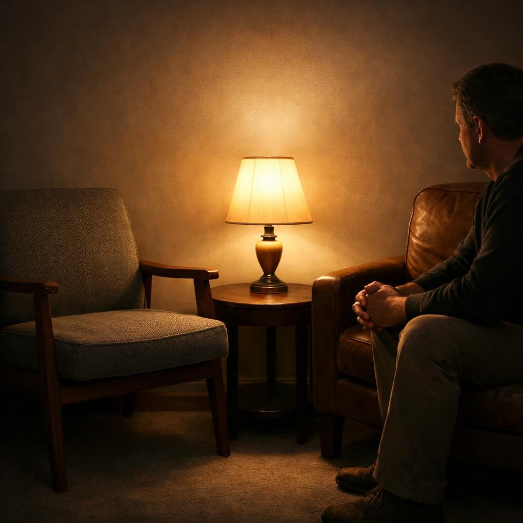 Man sitting on leather chair beside a lit table lamp and empty armchair