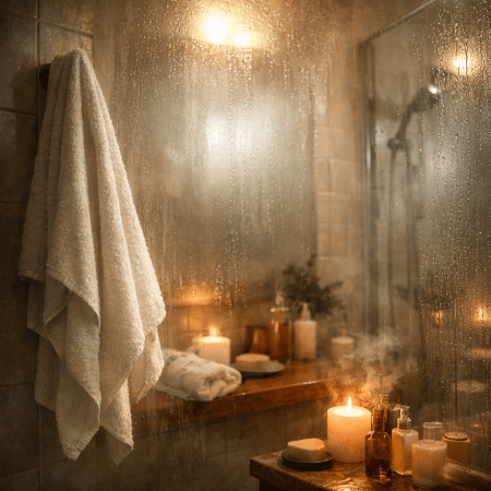 lit candle, soap, bottles, and towels in steamy bathroom