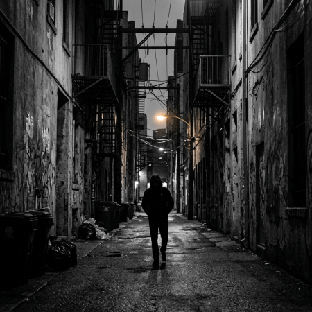 Person walking alone in a dark city alley with graffiti and trash