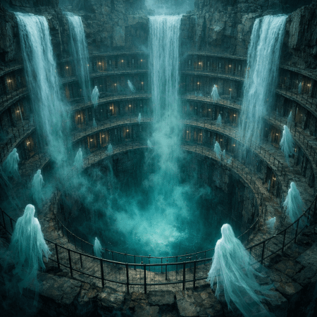 Circular underground chamber with waterfalls and ghostly figures.
