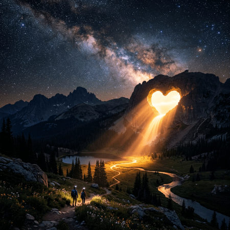 Mountain with heart-shaped glowing opening illuminating a valley with two hikers below and Milky Way in the sky