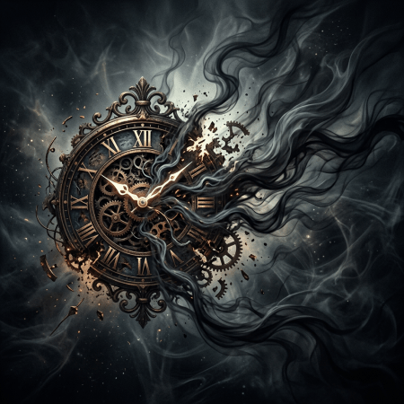 An antique clock with Roman numerals breaking apart into smoke and floating gears