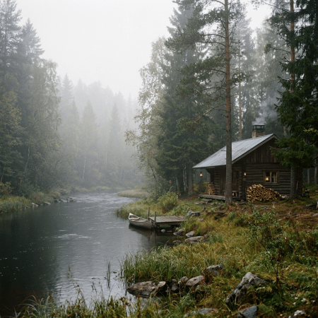 Wooden cabin with smoke from chimney near calm river with canoe and dense fog