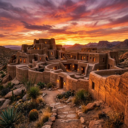 Adobe pueblo with lit windows at sunset in desert mountains