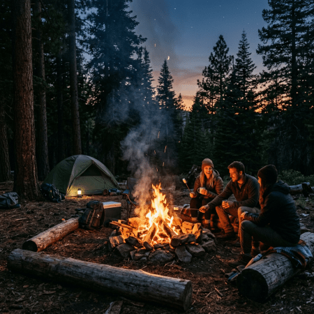 Three people sitting around a campfire cooking and chatting in a forest