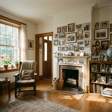 Living room with framed family photos above fireplace, wooden chair, and bookshelf