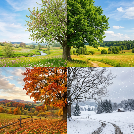 Tree with four distinct sections showing spring blossoms, summer leaves, autumn foliage, and winter snow