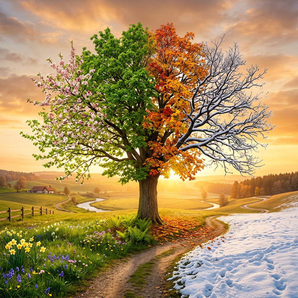 Tree with spring blossoms, summer leaves, autumn foliage, and winter snow on branches