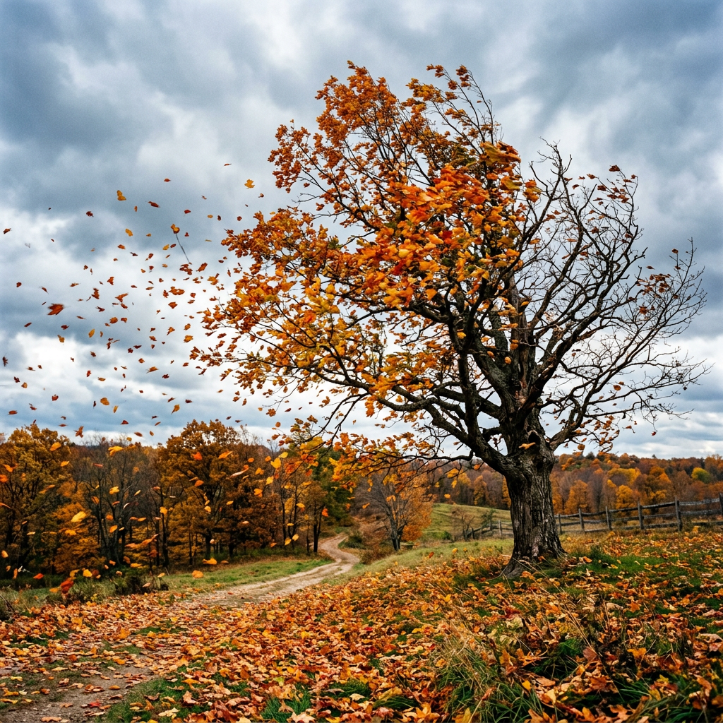 Tree losing leaves in autumn wind