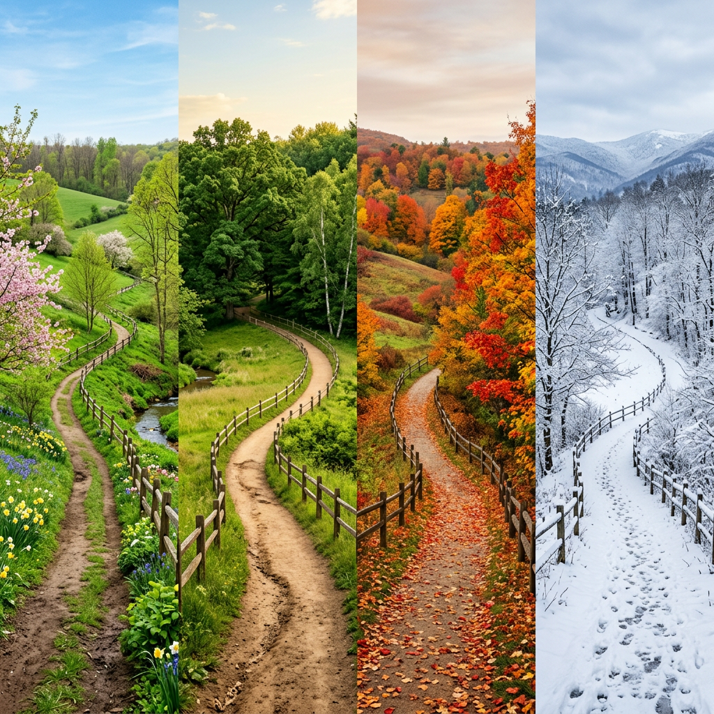 A winding path with a wooden fence shown in four vertical panels, each representing a different season: blooming spring, lush summer, colorful autumn, and snowy winter