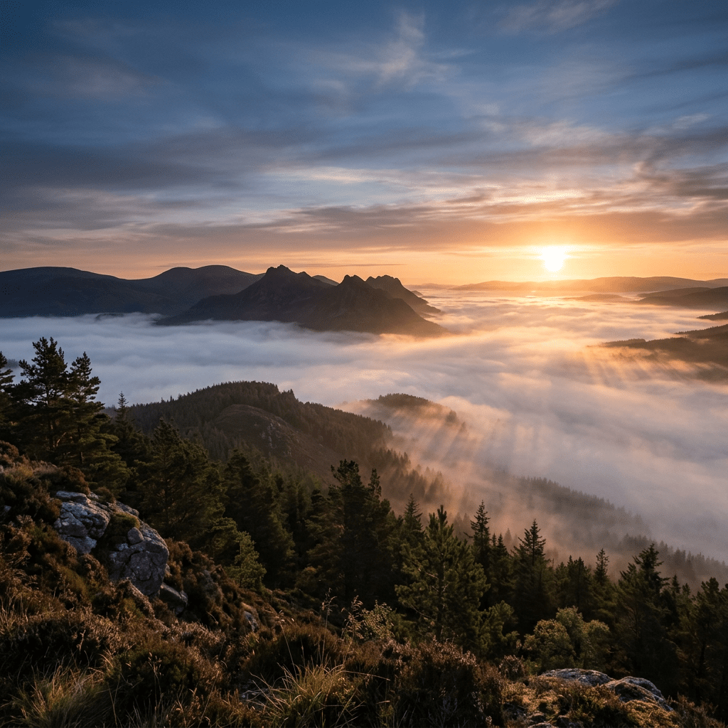 Sunrise over mountain range with dense clouds covering valley below