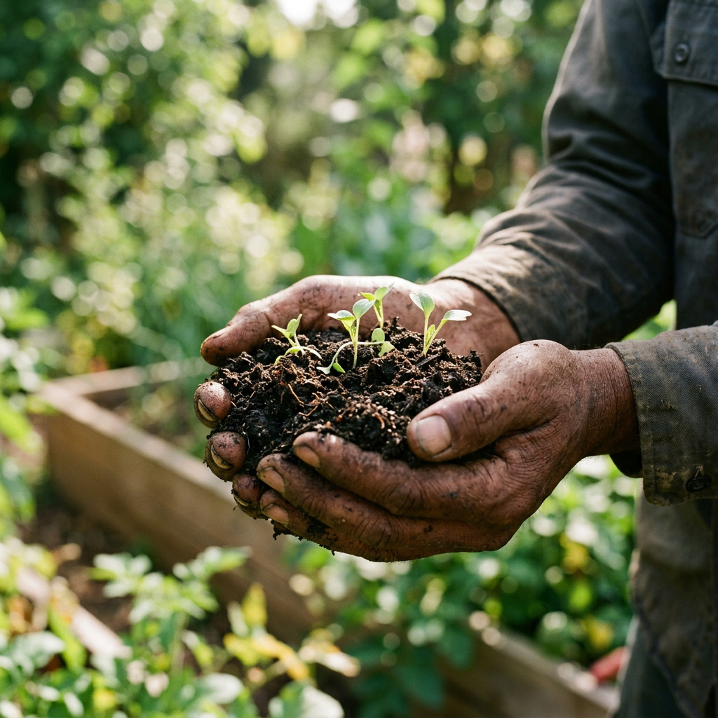 Hands holding soil containing small green seedlings