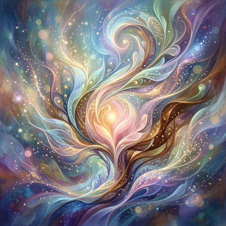 Abstract swirling cosmic energy with bright glowing center and colorful waves
