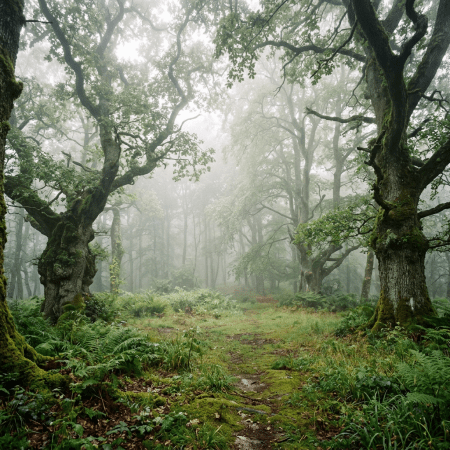 Mossy forest path surrounded by tall, twisted trees in fog