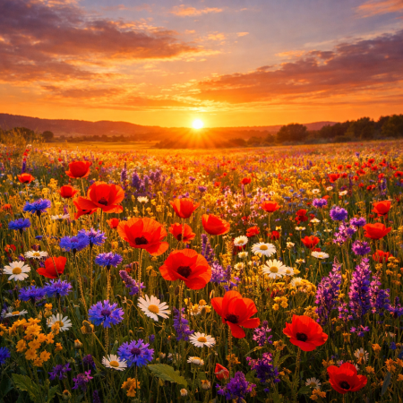 Wildflower meadow with red, purple, yellow, and white flowers at sunset