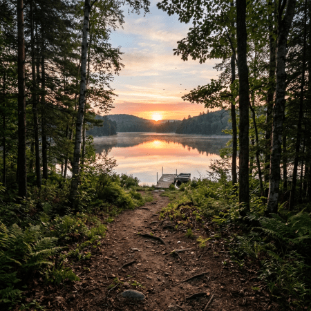 Sunrise over calm forest lake with dock and rowboat