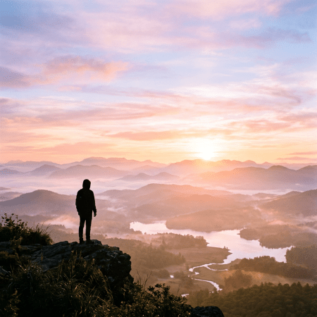 Silhouette of a person standing on a cliff overlooking misty mountains and a river at sunrise.