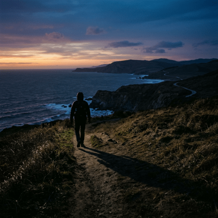 Silhouette of a person walking on coastal trail at dusk with ocean and cliffs