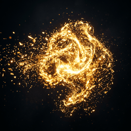 Swirling bright golden light particles creating an abstract luminous shape
