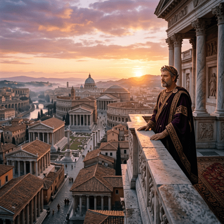 Roman emperor in purple and gold robe standing on balcony overlooking ancient city with classical buildings and sunset